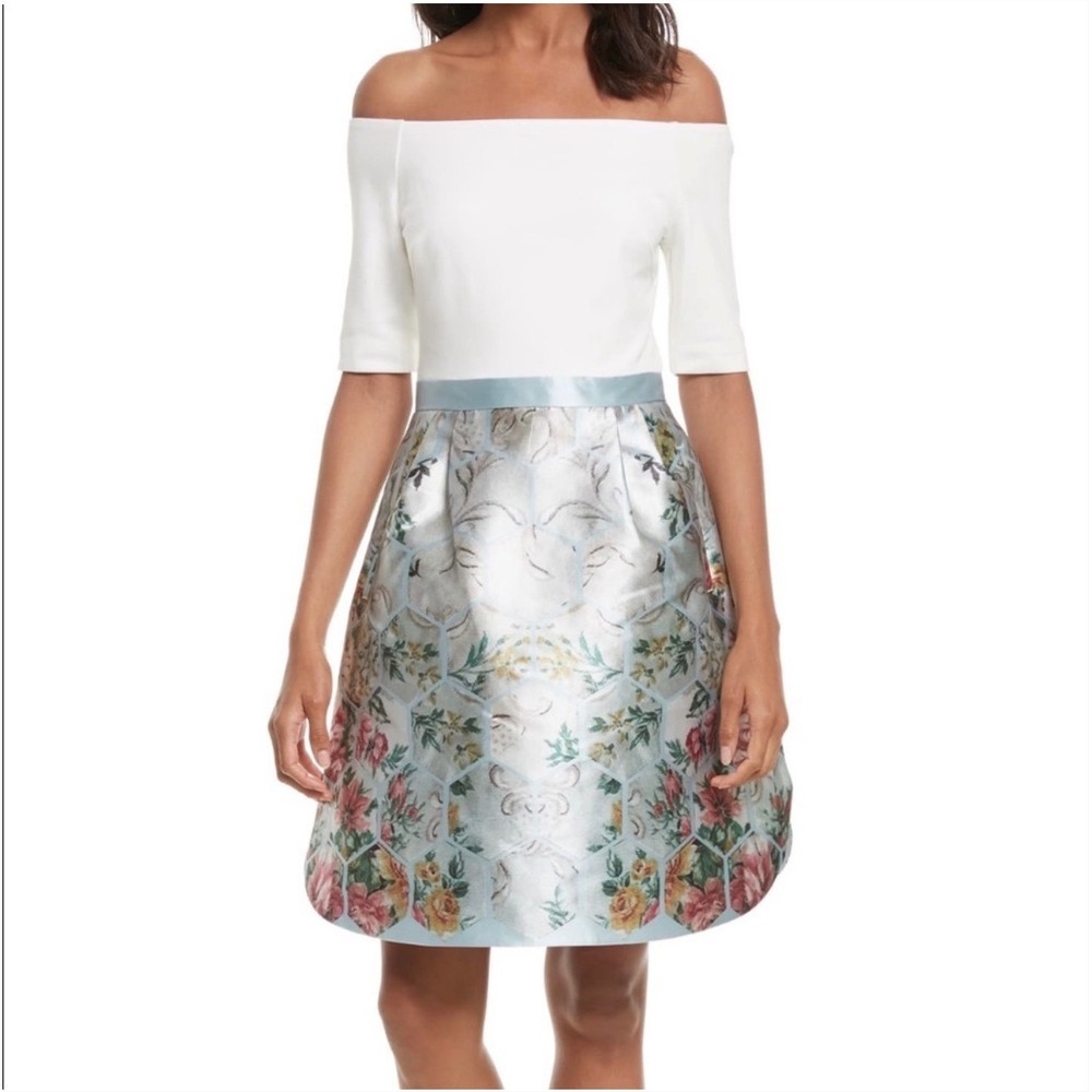 Ted Baker Dewrose Dress 0 White Blue Off-Shoulder Floral Jacquard Skater  Size 1